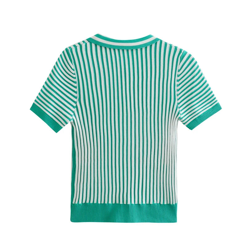 Striped Knitted Polo Collar T-shirt Winter Green Short sleeved Women's T Short Style Casual Versatile Show Thin Polo Shirt