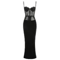 Women'S Sling Velvet Long Dress Sexy See Through Lace Slim Fishbone Dress Elegant Celebrity Evening Party Gowns black