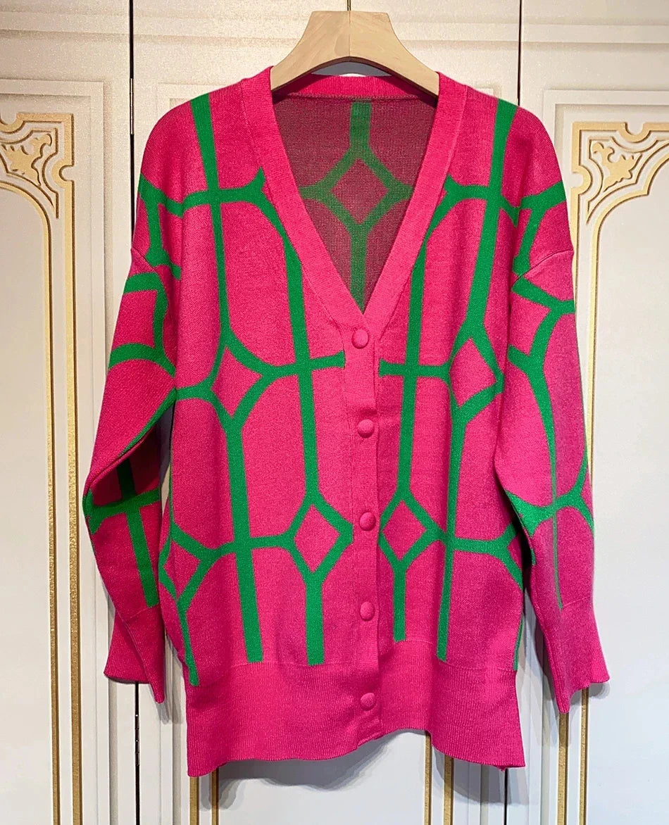 Women's Casual Oversized Cardigan Knitted 2023 Fall V-neck Lantern Long Sleeve Single-breasted Printed Knit rose Red