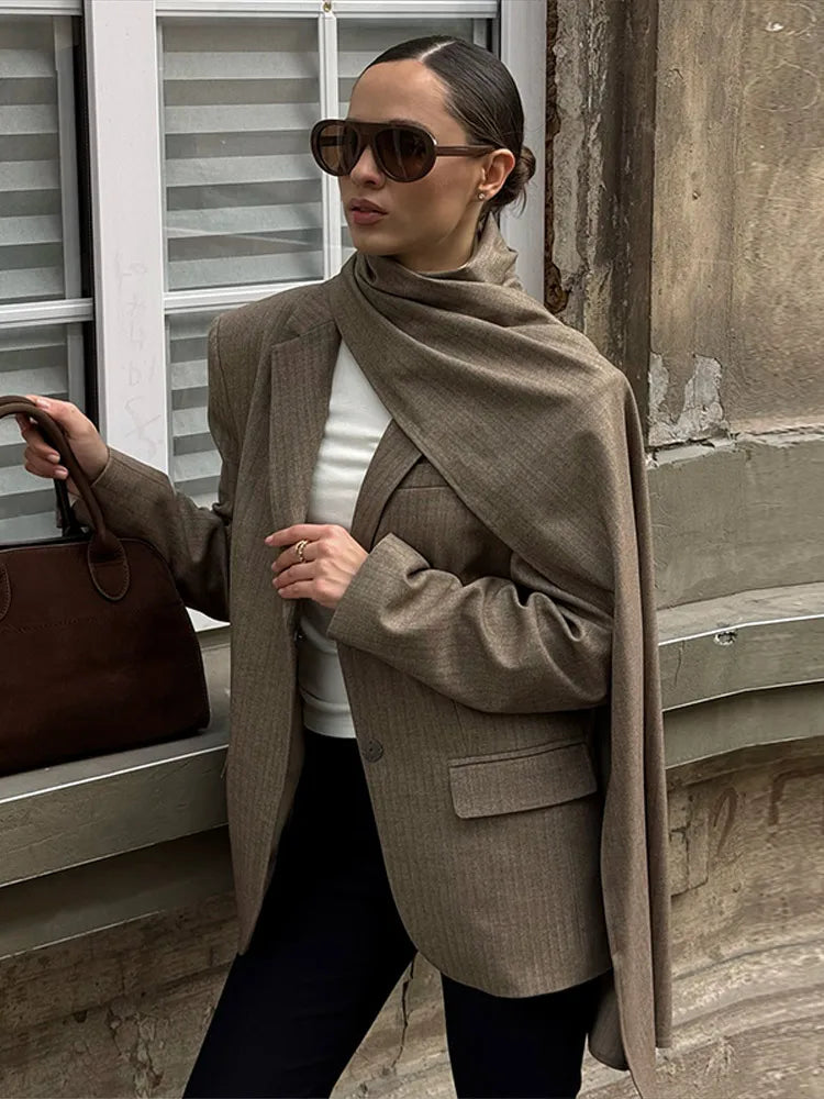 Women's Bomber Jackets Detachable Scarf Blazer New Female Lapel Long Sleeves Loose Commuting Coats Fashion Ladies New Outerwears