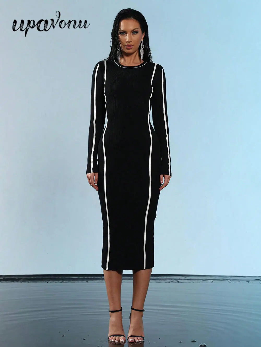 2024 Elegant Women's Hooded Knitted Dress O-neck Long Sleeve Bodycon Midi Sweater Dress Cocktail Evening Club Party Vestidos black