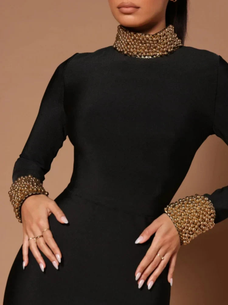 Black Color Women Long Sleeve Sexy Backless Golden Beading Bodycon Bandage Long Dress Fashion Celebrate Evening Party Dress