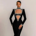 New Winter Style Women Long Sleeve Sexy Mesh Sparkly Crystal Bodycon Long Bandage Dress Fashion Celebrate Evening Party Dress black