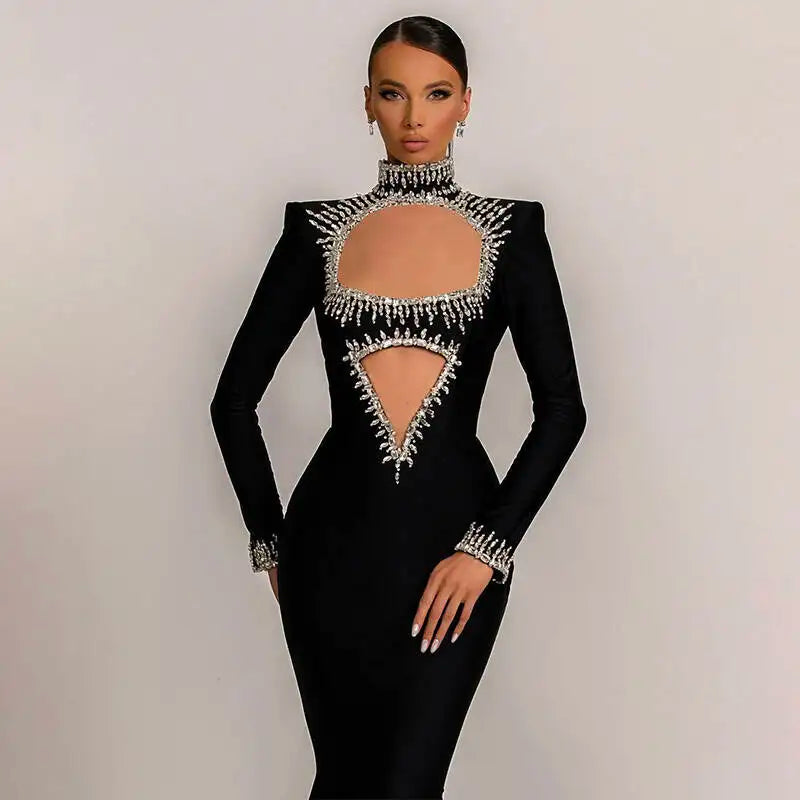 New Winter Style Women Long Sleeve Sexy Mesh Sparkly Crystal Bodycon Long Bandage Dress Fashion Celebrate Evening Party Dress black