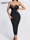 2024 Sexy Women'S Light Luxury Sequin Rhinestone Tassel Design Bandage Dress Strapless Sleeveless Bodycon Backless Midi Dresses