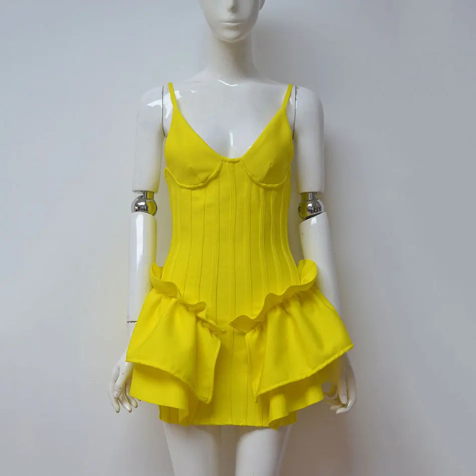 Free Shipping New Bandage Dress Women Spaghetti Strap V-Neck White Ruffles Night Club Sexy Celebrity Party Bodycon Mini Dresses Yellow