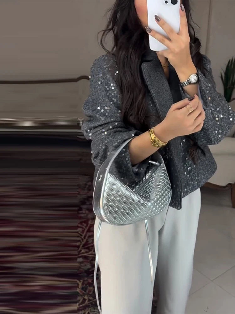 Women's Bomber Coats Sequined Short Blazer Street Female Turn-down Collar Long Sleeve Loose Jackets Shining Lady Club Streetwear