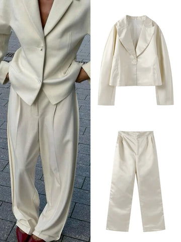 Lapel Long Sleeve Short Top Pants Suits Women Elegant One Button Waist Cinching Tops High Waist Straight Trousers Chic Lady Sets