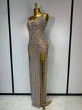 Women Sexy Sparkly Diamonds High Split Maxi Dresss Mesh See Through V Neck Performance Singer Costume Luxury Birthday Vestido