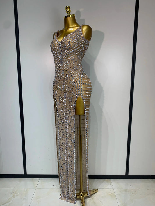 Women Sexy Sparkly Diamonds High Split Maxi Dresss Mesh See Through V Neck Performance Singer Costume Luxury Birthday Vestido