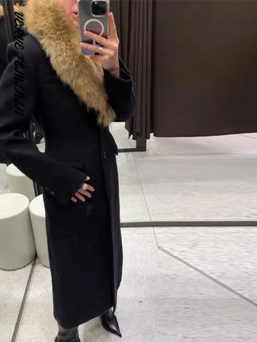 Women's Long Coats Faux Fur Collar Waist Cinching Woolen Coat Autumn 2025 Female Button Slim Jackets Chic Office Lady Outerwears