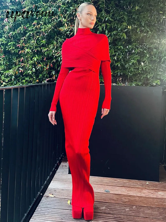 2024 Elegant Women Christmas Bandage Dress Stand Collar Patchwork Long Sleeve Bodycon Long Dress Cocktail Evening Party Vestidos