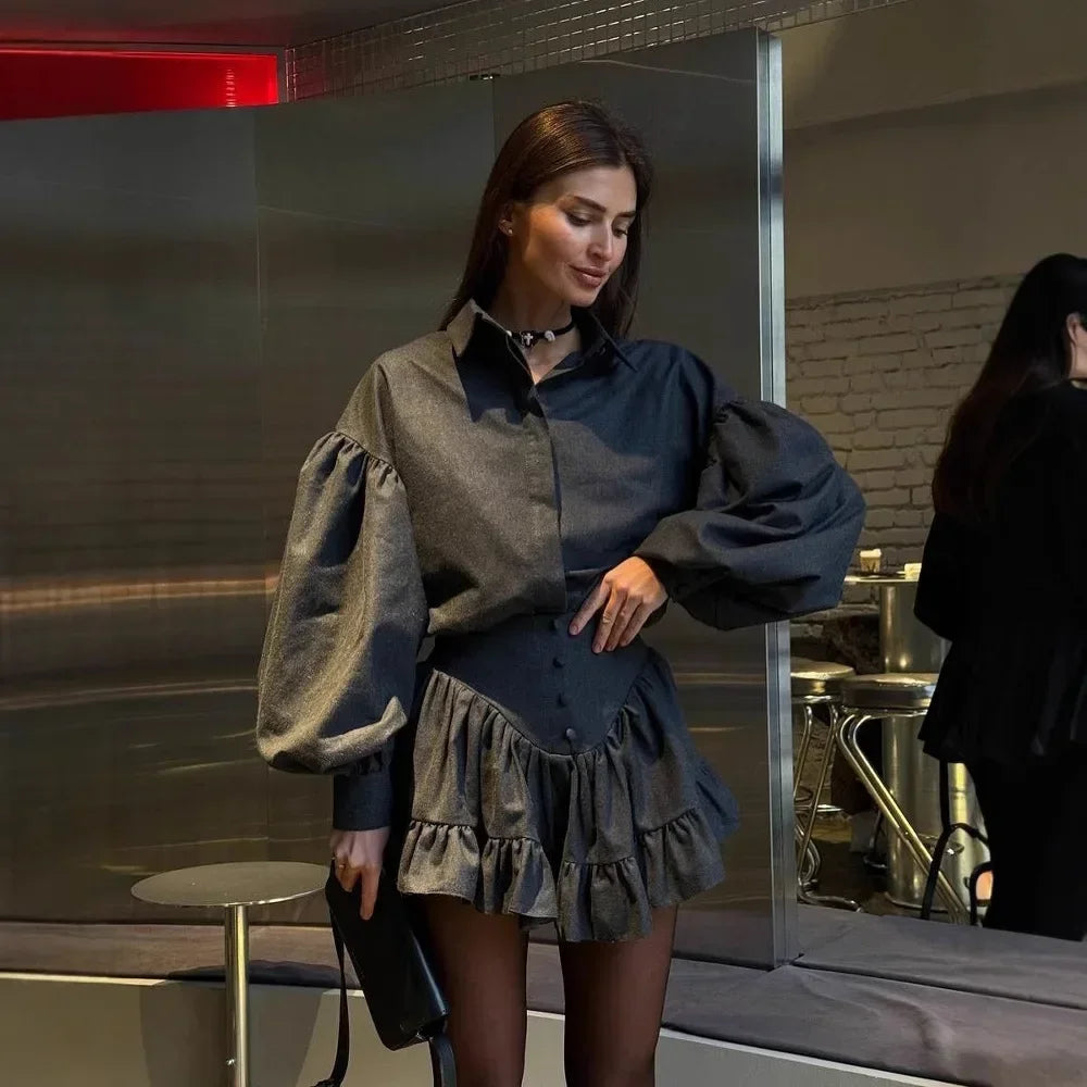 2025 New Elegantsuit Women's Clothing Set High-End Feel Spring Plaid Design Sensibility Ruffle Edge Mini Dress 2-Piece Wholesale