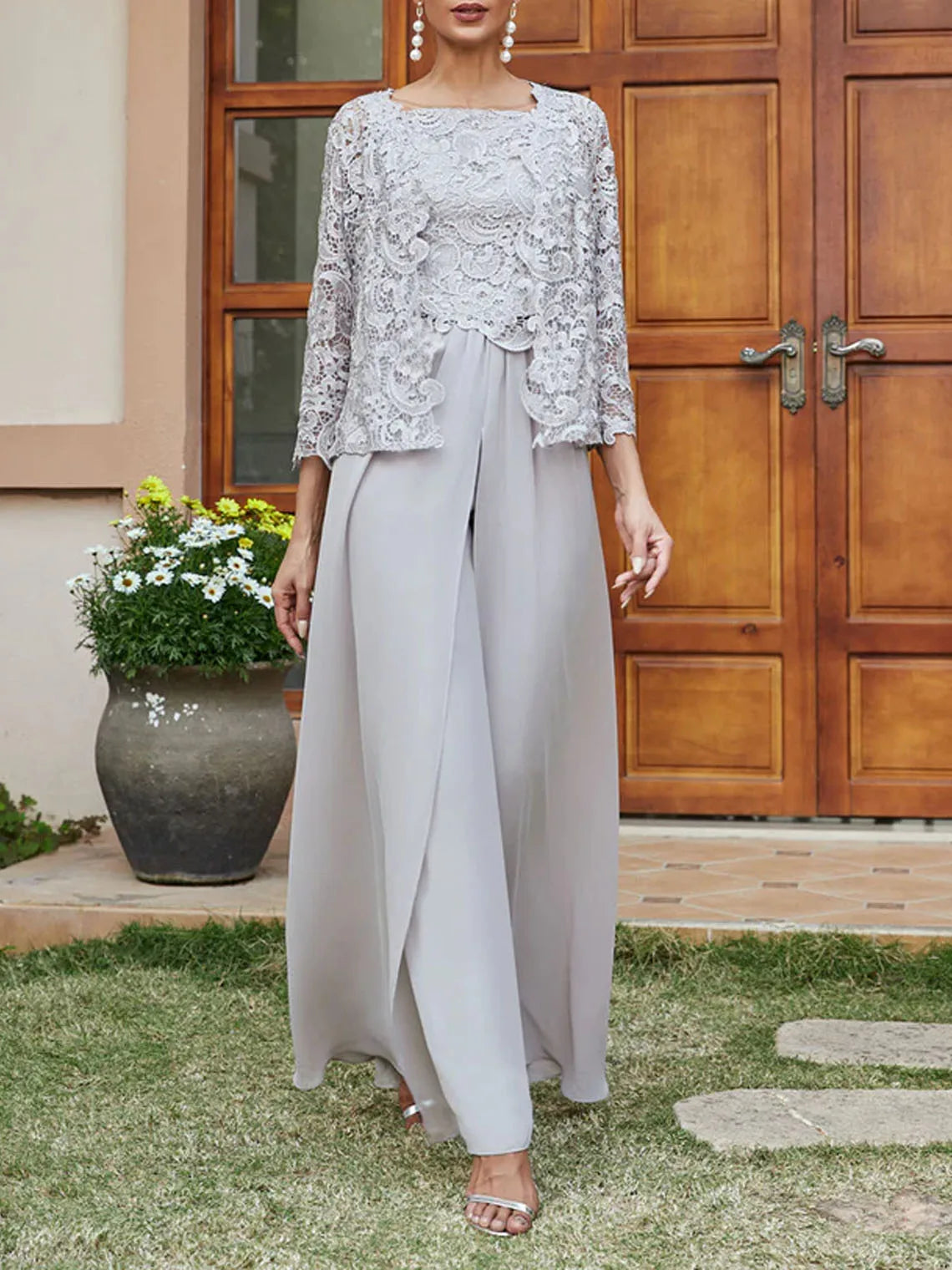 Mother Of The Bride Dress - Elegant 3 Piece Evening Dress Chiffon Lace Square Neck 3/4 Sleeve Floor-Length Appliques Jacket Prom Gown2025 Free Customized Silver