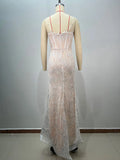 2025 Light Luxury Beaded Design Maxi Dress Spaghetti Strap Sleeveless Slimming Split Lace Long Dress Evening Party Vestido