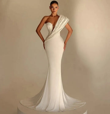 Elegant Mermaid Wedding Dress One Shoulder Pleats Beads Bridal Dresses Bride Gown Church vestidos de novia