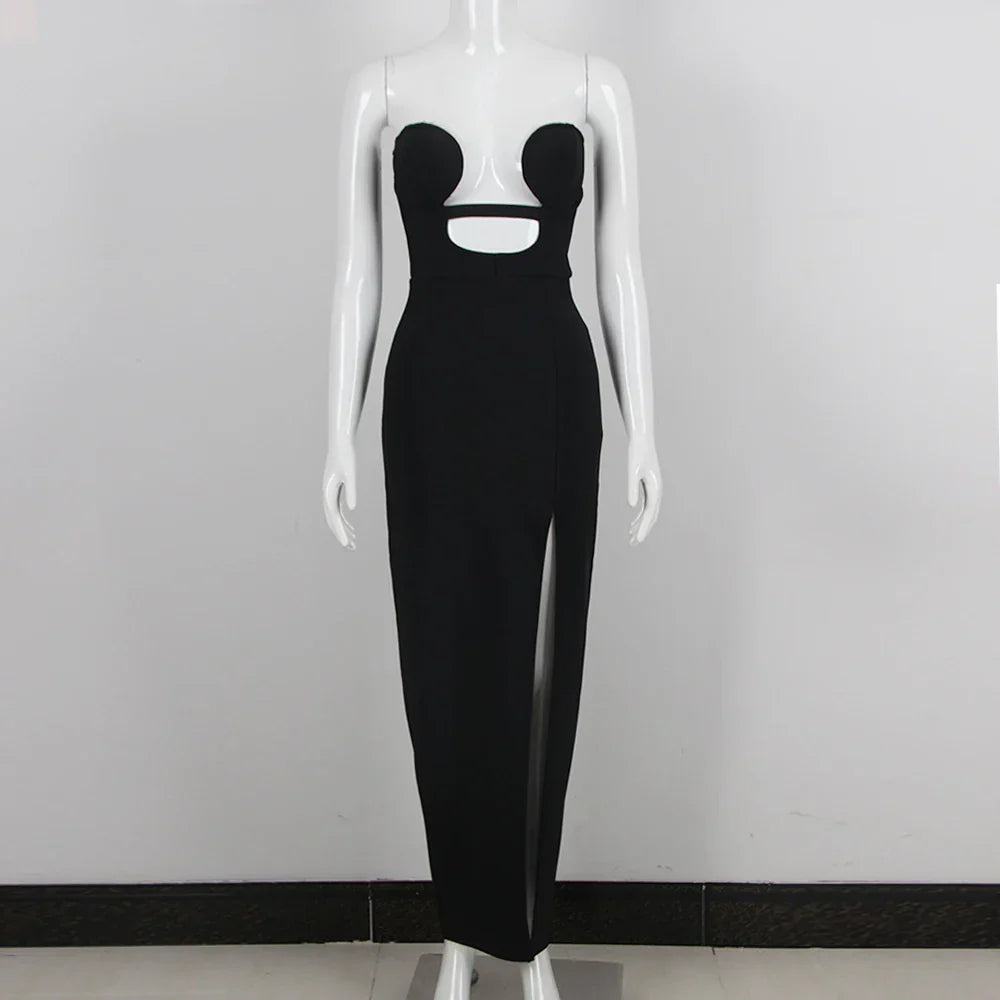 New Summer Women Sexy Strapless Keyholes Bodycon Bandage Mid-calf Dress Nightclub Party Evening Dress Wholesale