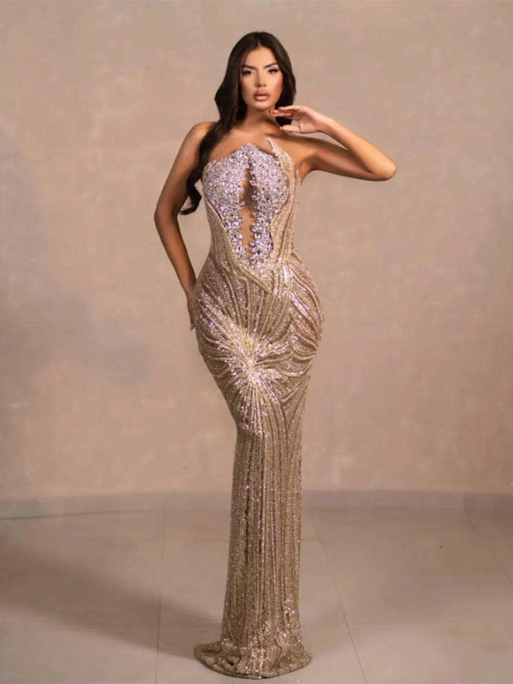 2024 Sexy Women'S Light Luxury Nail Bead Patchwork Sequin Maxi Dress Strapless Sleeveless Bodycon Backless Long Dresses Vestidos