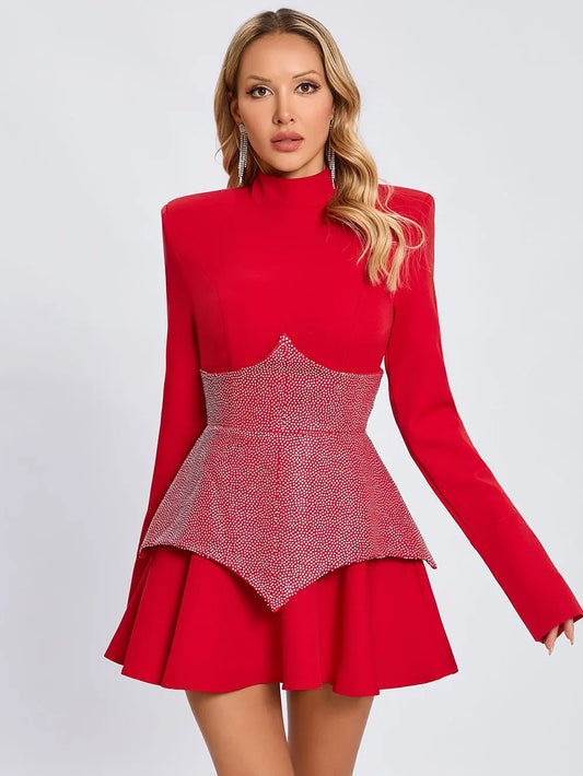 2024 Elegant Women'S Christmas Dress Pleated Mini Dress Stand Collar Long Sleeved Rhinestone Design Dress Cocktail Party Vestido