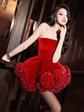 Modphy 2025 Red Strapless Ball Gown Women Velvet Mini Dresses Sexy Sheath Short Guest Birthday Party Wedding Gowns