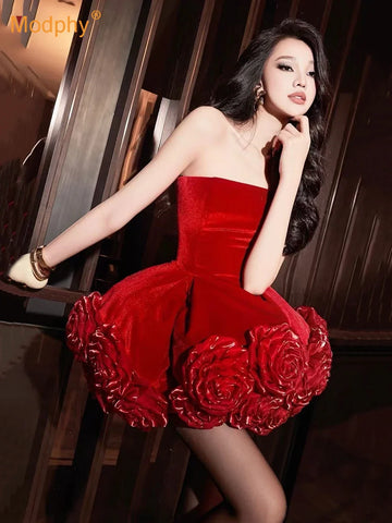 Modphy 2025 Red Strapless Ball Gown Women Velvet Mini Dresses Sexy Sheath Short Guest Birthday Party Wedding Gowns