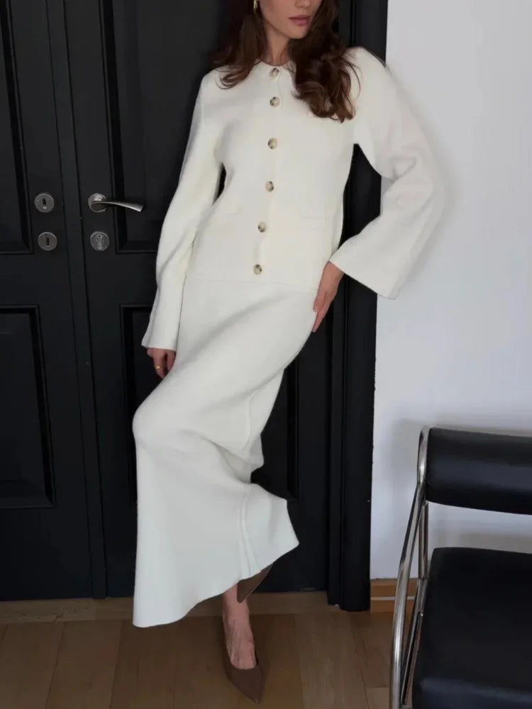 Knit Single Breasted Cardigan Long Skirt Suits Women Causal O-neck Full Sleeve Tops High Waist Skirts Fashion Office Lady Outfit