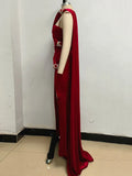 2024 Sexy Women's Evening Party Wine Red Velvet Marx Dress Shawl Design Bodycon Draped Split Body Long Dress Christmas Vestidos