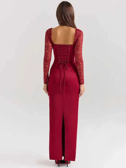 2024 Sexy Women Christmas Dress Strapless Lace Up Long Sleeved Bodycon Back Drawstring Design Long Dress Cocktail Party Vestidos