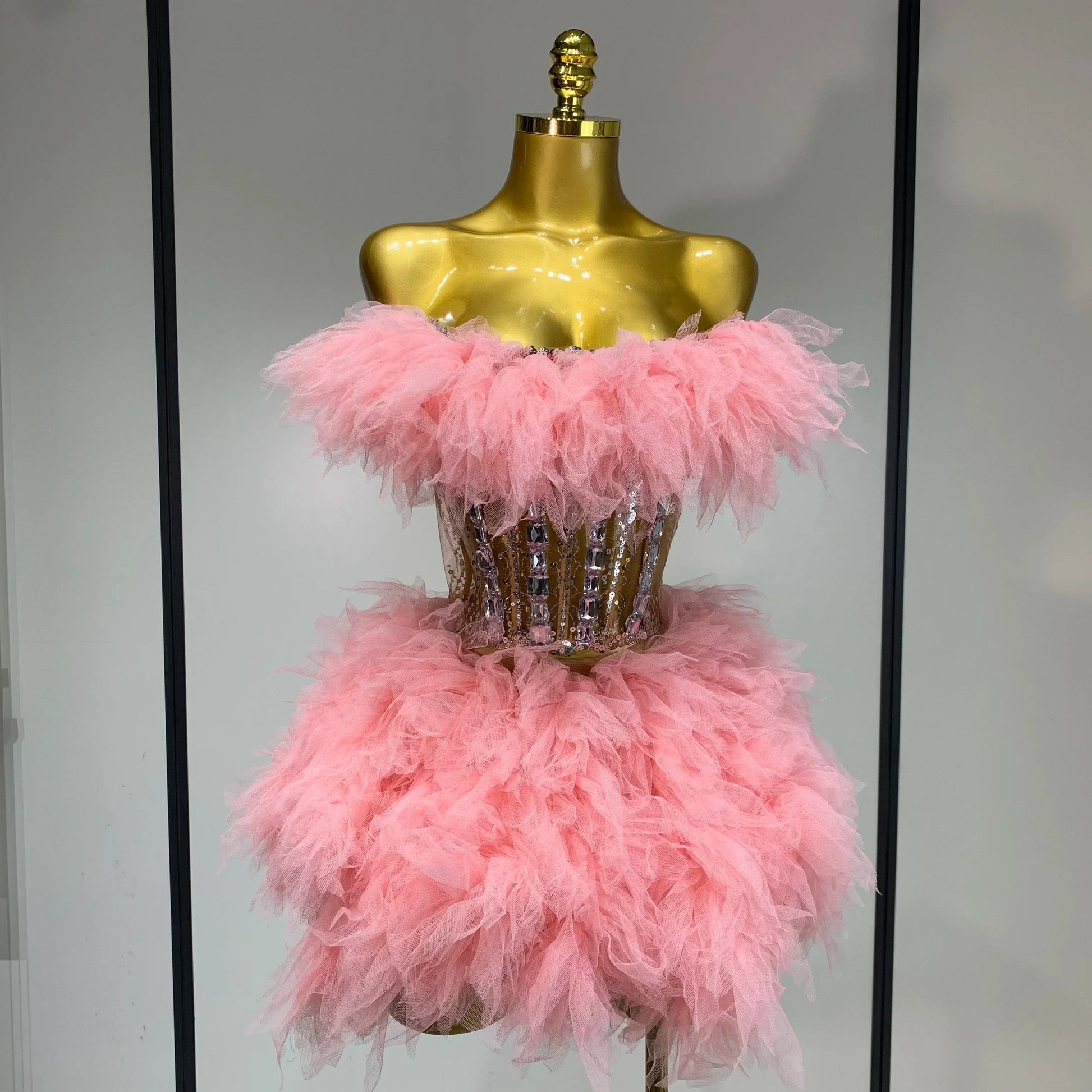 Women Sexy Strapless Mesh Two Pieces Set Celebrity Nightlcub Party Photo Shoot Outfit Prom Gown Luxury Birthday Dresses Pink