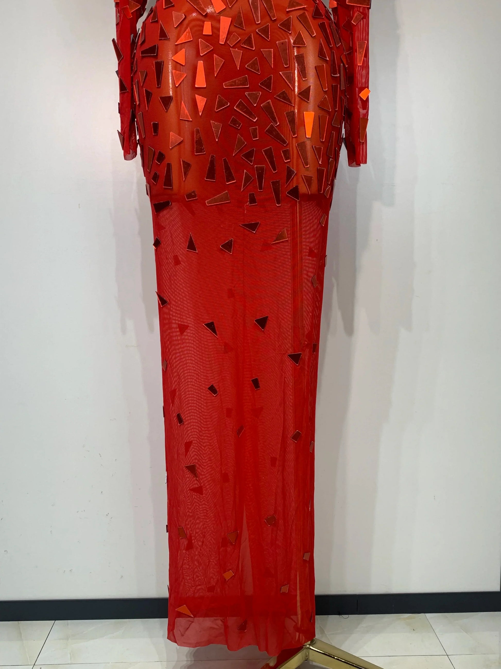 Sparkly Sequin Red Long Dress Luxury Birthday Celebrate Wedding Evening Prom Clothing Sexy Mesh See Through Strech Evening Gown