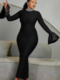 2024 Women's Light Luxury Beaded Elegant Bandage Dress Stand Collar Horn Sleeve Bodycon Long Dresses Evening Club Party Vestidos