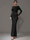 2025 Elegant Women 3D Hot Diamond Mesh Patchwork Bandage Dress O-Neck Long Sleeve Bodycon Black Long Dress Evening Party Vestido black