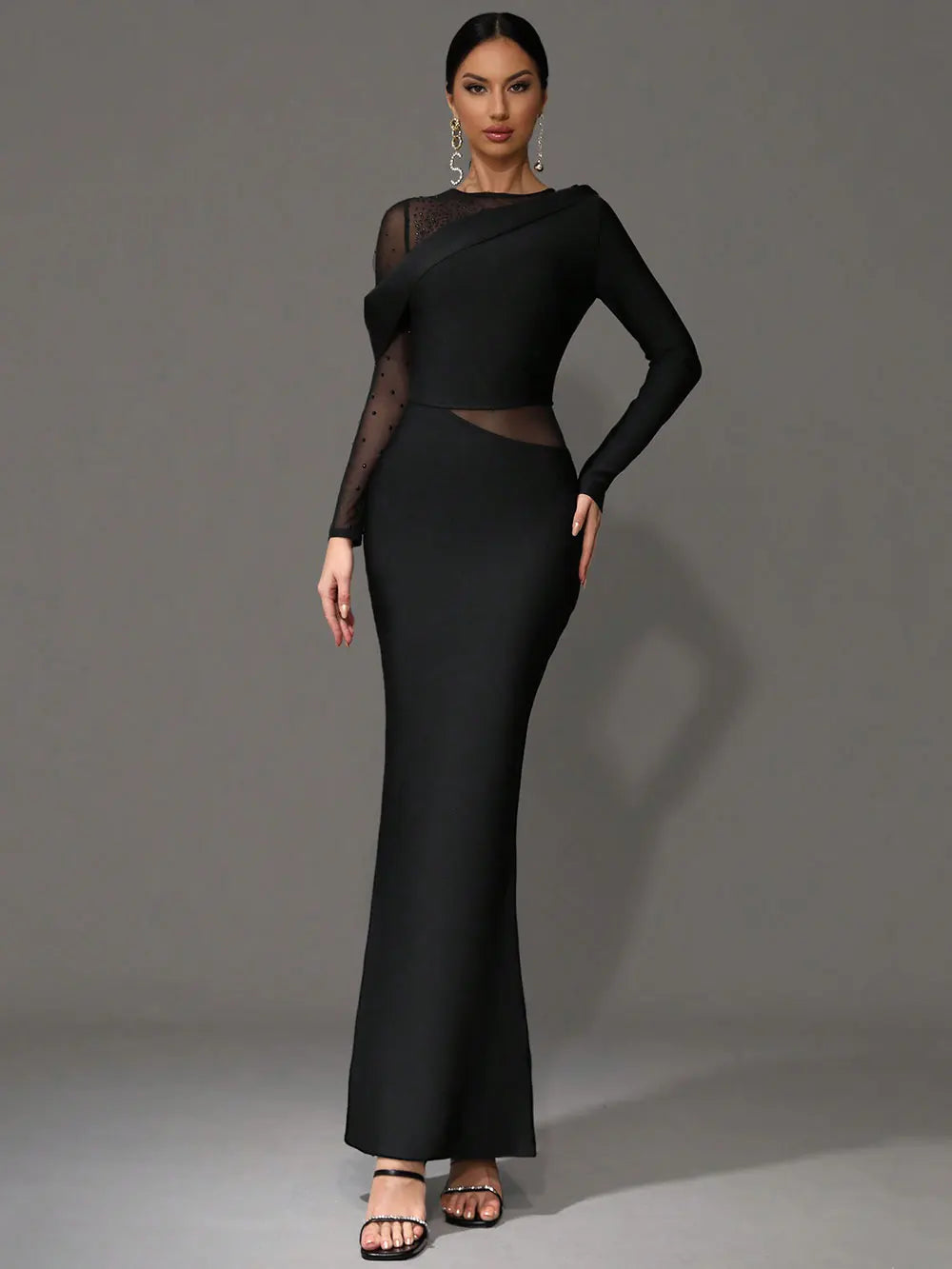 2025 Elegant Women 3D Hot Diamond Mesh Patchwork Bandage Dress O-Neck Long Sleeve Bodycon Black Long Dress Evening Party Vestido black