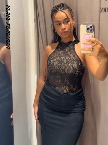 Women's Evening Dresses Lace Patchwork Hollow Out Long Slip Dress Autumn 2025 Female Sleeveless See Through Sheath Vestidos New