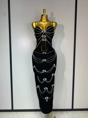 New Spaghetti Strap Bodycon Bandage Dress Women Sexy Sparkly Beading Club Evening Party Birthday Dresses Wedding Guest Gown black