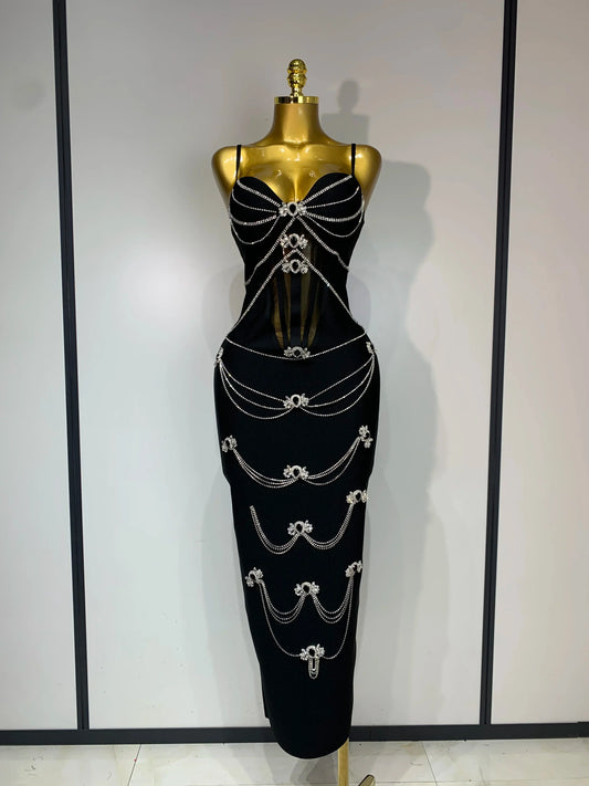 New Spaghetti Strap Bodycon Bandage Dress Women Sexy Sparkly Beading Club Evening Party Birthday Dresses Wedding Guest Gown black