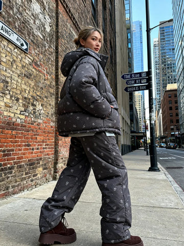 Women's 2 Pcs Suits Hooded Printed Padded Jacket Pants Sets New Winter Loose Bomber Coats Elastic Waist Trousers New Lady Outfit