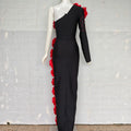 Women Sexy One Shoulder Long Sleeve Red Florlas Rhinestones Bodyocn Long Bandage Dress Nightclub Party Celebrate Birthday Wear