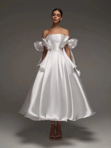 Off Shoulder Princess Wedding Dress A Line Satin Tea Length Princess Bridal Formal Party Gowns Bride Dress Vestidos De Noiva