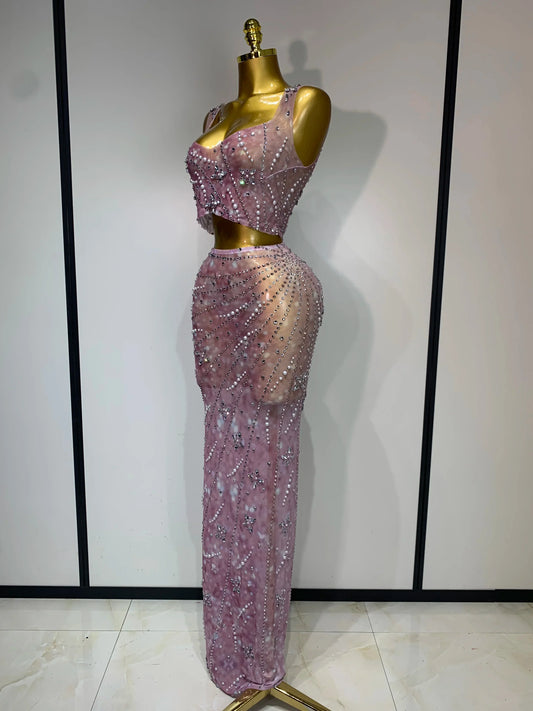 Women Sexy Two Pieces Set Celebrity Luxury Rhinestone Nightclub Skirt Suits Singer Dancer Stage Costume Evening Club Party Gowns