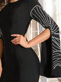 2025 Elegant Women's Black Long Bandage Dress O-neck Hot Diamond Split Long Sleeve Bodycon Dress Cocktail Evening Party Vestidos