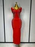 New 2025 Women Black Red Long Bodycon Bandage Dress Luxury Rhinestone Evening Party Celebrity Elegant Club Dress Vestido Red