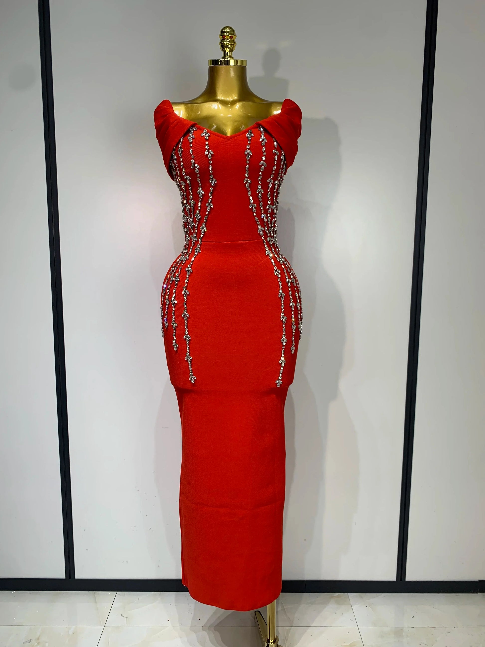 New 2025 Women Black Red Long Bodycon Bandage Dress Luxury Rhinestone Evening Party Celebrity Elegant Club Dress Vestido Red