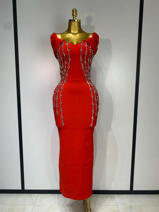 New 2025 Women Black Red Long Bodycon Bandage Dress Luxury Rhinestone Evening Party Celebrity Elegant Club Dress Vestido Red
