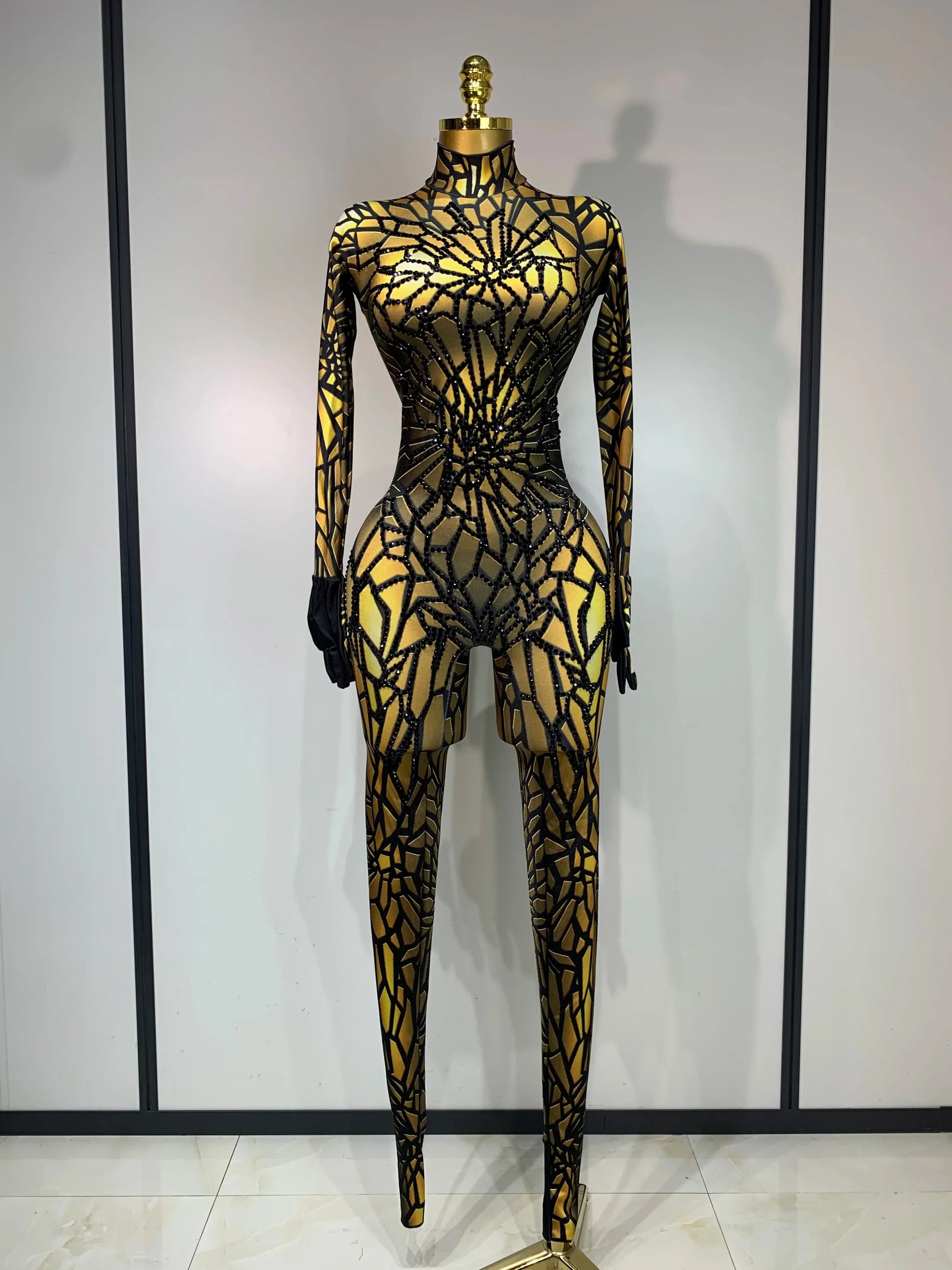 Women Sexy Stretch Glitter Rhinestones Bodycon Jumpsuit Dance Bodysuit Party Singer Stage Wear Birthday Drag Queen Costumes Gold