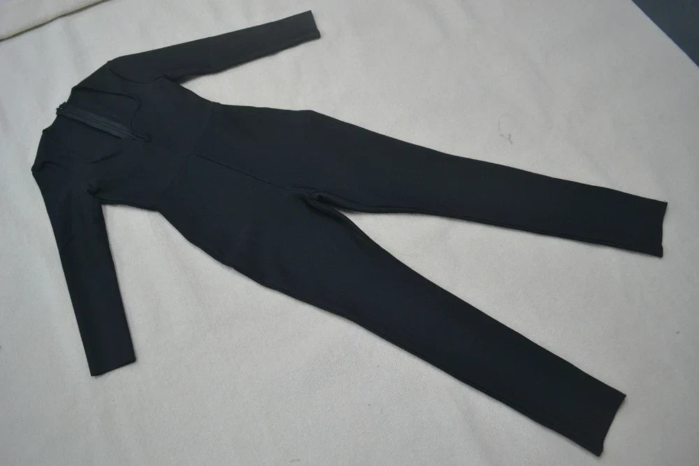 Women'S Bandage Pencil Jumpsuit V-Neck Long Sleeved Tight Black Waistband Design+Jumpsuit Evening Party Jumpsuit