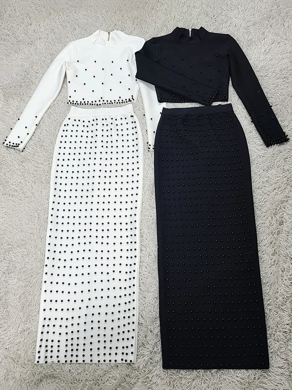 Women'S Black And White Beaded Short Top+Long Skirt Bandage Two-Piece Set Elegant Evening Party Female Outfit New