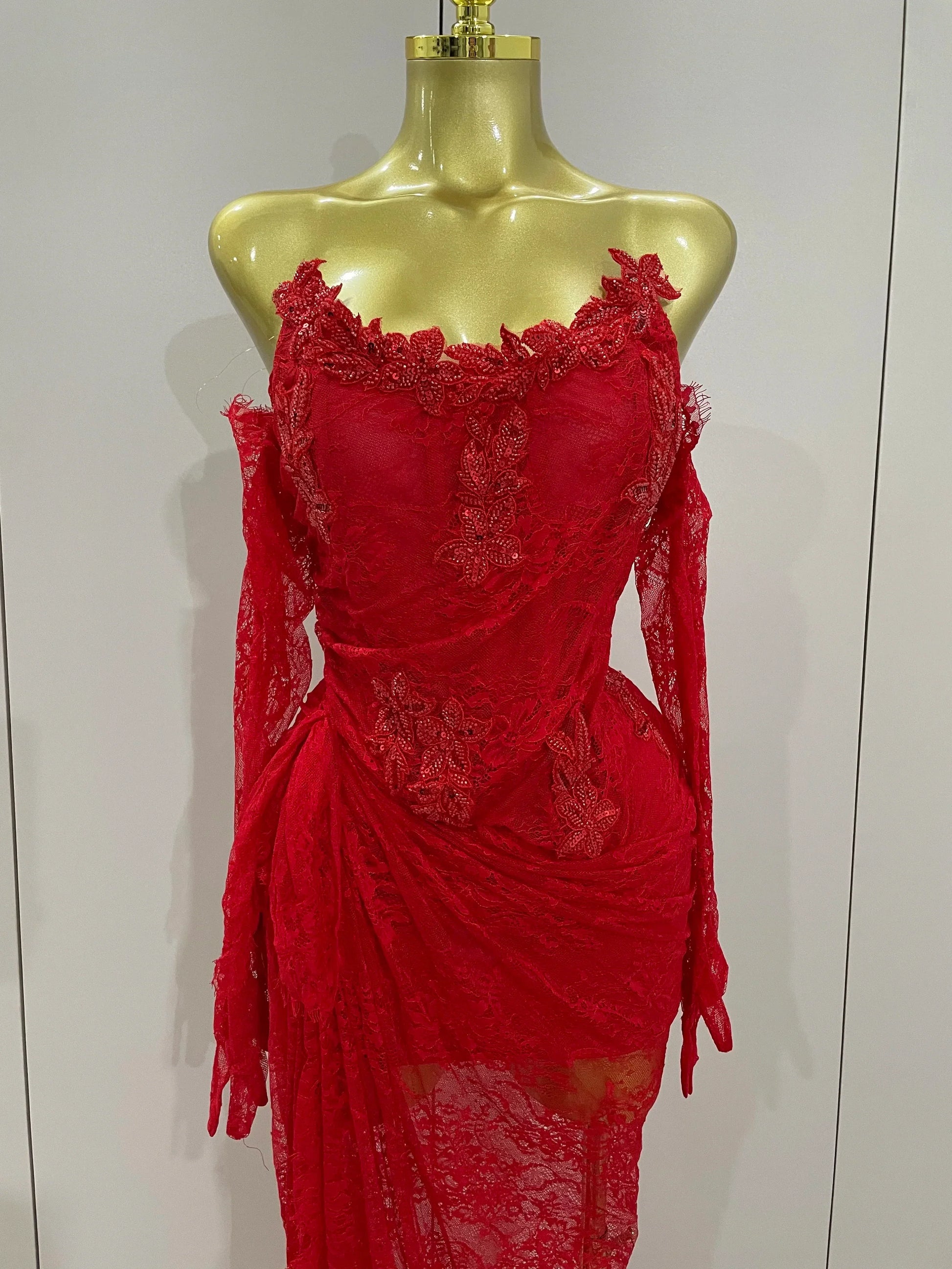 Women Sexy Strapless Backless Red Lace Split Maxi Long Bodycon Dress Celebrity Elegant Evening Club Birthday Party Outfit
