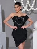 2025 Summer New Women's Black Strapless Diamond 3D Flower Mini Sexy Boutique Celebrity Cocktail Party Bandage Dress