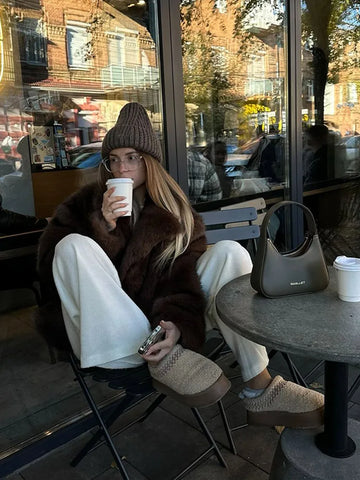 Street Lapel Tip-dyed Women Winter Faux Fur Coat 2025 Autumn Loose Fitting Female Long Sleeve Tops Office Lady Fashion Outerwear